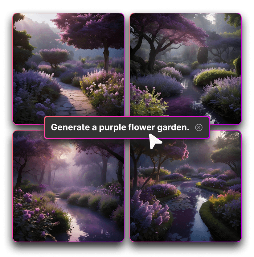 Grid of AI-generated purple flower garden images